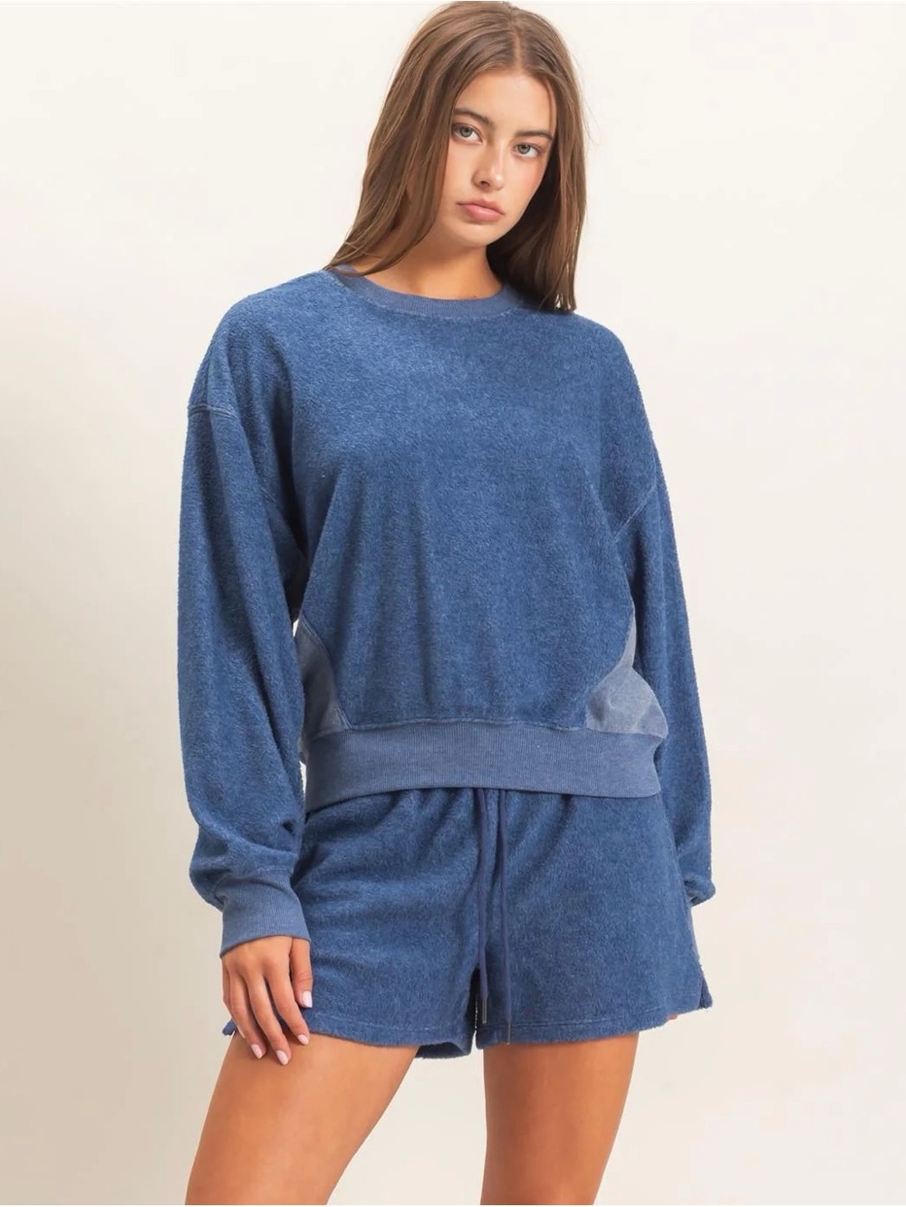 NEW Double Zero Navy Blue Textured Cozy Sweatshirt Drawstring Shorts Lounge Set